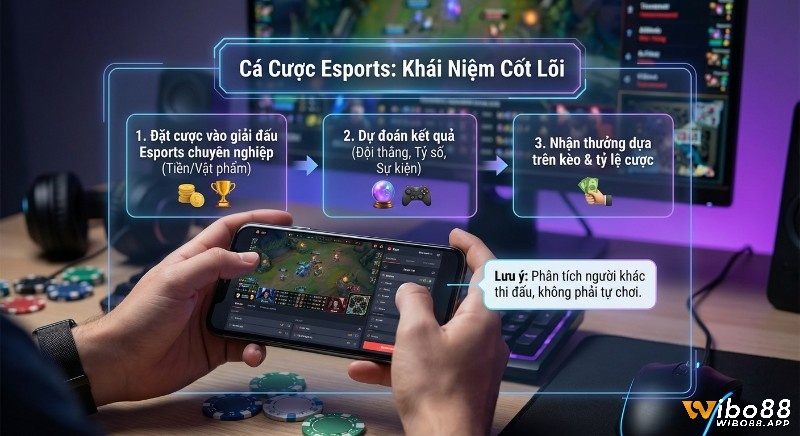 Tổng quan 3 bước cá cược Esports là gì: đặt cược, dự đoán kết quả, nhận thưởng, nhấn mạnh phân tích người chơi khác