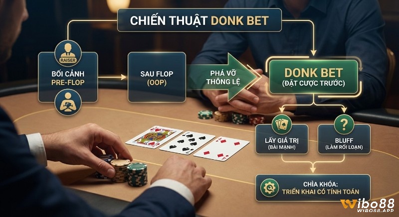 Sơ đồ chiến thuật Donk Bet là gì giải thích việc phá vỡ thông lệ sau flop, mục đích lấy giá trị, bluff và triển khai có tính toán