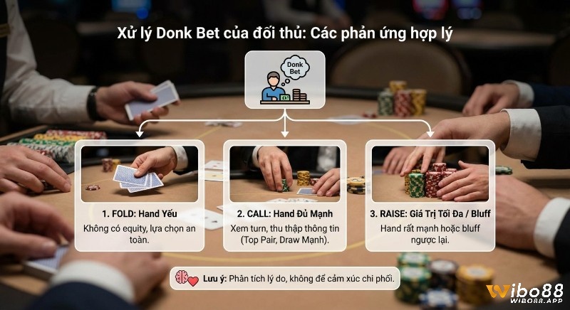 Quy trình 3 bước, xử lý Donk bet của đối thủ: Fold, Call hoặc Raise dựa trên sức mạnh hand và phân tích lý do