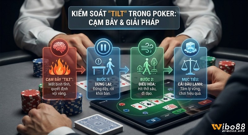 Quy trình kiểm soát Tilt trong Poker gồm 2 bước: dừng lại, điều hòa cảm xúc để tránh quyết định vội vàng và duy trì cái đầu lạnh