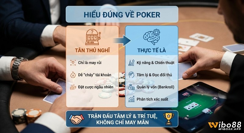 Bảng so sánh quan niệm sai lầm của tân thủ về học chơi Poker cơ bản chỉ là may rủi với thực tế kỹ năng, tâm lý, trí tuệ, quản lý vốn