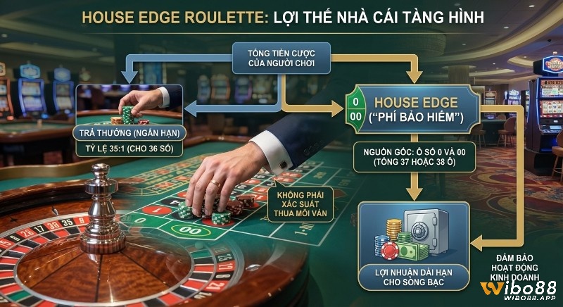 Sơ đồ minh họa House Edge trong Roulette: lợi thế nhà cái ẩn sau các ô 0 và 00 giúp tạo lợi nhuận dài hạn trong house edge roulette là gì