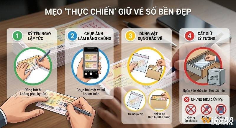 Checklist mẹo thực chiến 4 bước hướng dẫn bảo quản vé số: ký tên, chụp ảnh, dùng vật dụng bảo vệ và cất giữ đúng cách