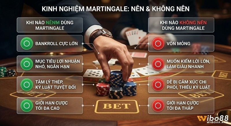 Checklist kinh nghiệm thực chiến Martingale trong Baccarat là gì: nên dùng khi có vốn lớn, tâm lý thép; không nên nếu vốn mỏng, dễ bị cảm xúc chi phối