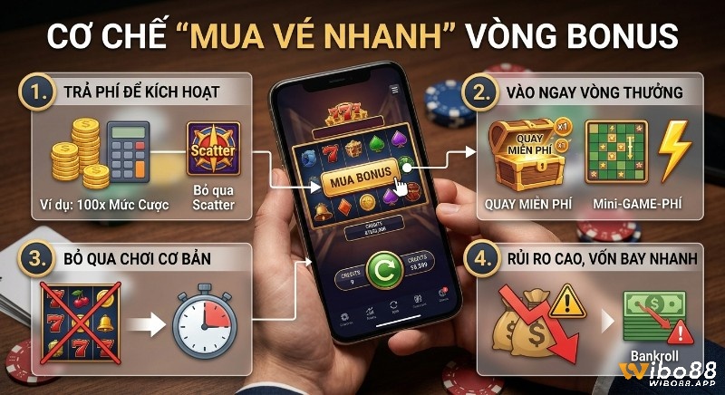 Cơ chế 4 bước "mua vé nhanh" vòng bonus Slot: trả phí kích hoạt vòng thưởng ngay, bỏ qua cơ bản, rủi ro cao