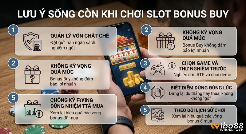 Checklist 5 lưu ý sống còn khi chơi Slot Bonus Buy: quản lý vốn, kiểm soát kỳ vọng, chọn game, dừng, theo dõi lịch sử