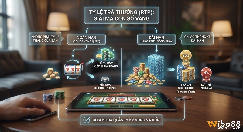 Sơ đồ phân tích ý nghĩa RTP game slot, làm rõ kết quả ngắn hạn và chỉ số thống kê dài hạn 96% người chơi, 4% lợi thế nhà cái trong tỷ lệ trả thưởng game slot