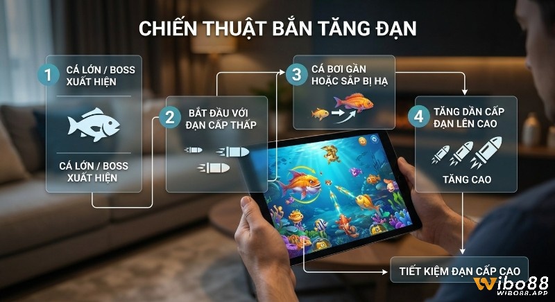 Sơ đồ chiến thuật bắn cá 4 bước dưới đây giúp người chơi tăng hiệu quả sử dụng đạn khi đối phó cá lớn và boss, đồng thời tối ưu việc tiết kiệm đạn cấp cao