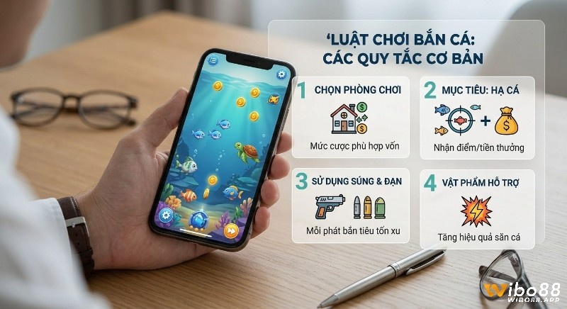 Tóm tắt 4 quy tắc chơi bắn cá cơ bản, giúp người chơi hiểu cách chọn phòng, hạ cá, dùng súng đạn và vật phẩm hỗ trợ trong bắn cá luật chơi