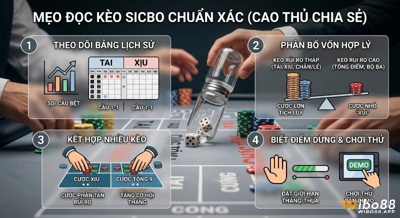 Tổng quan 4 chiến lược cách đọc kèo Sicbo chuẩn xác giúp tối ưu lợi nhuận, gồm theo dõi lịch sử, phân bổ vốn, kết hợp kèo và dừng đúng lúc