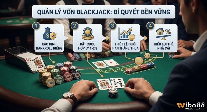 Checklist 4 bước quản lý vốn Blackjack: xác định bankroll, đặt cược 1-2%, thiết lập giới hạn thắng thua và hiểu lợi thế nhà cái