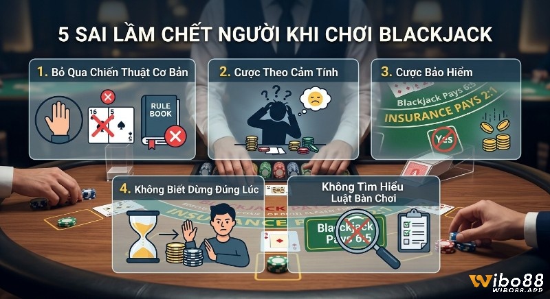 Tổng hợp 5 sai lầm chết người, gồm bỏ qua chiến thuật chơi Blackjack casino, cược theo cảm tính và luật bàn 6:5, giúp bạn tránh mất tiền oan