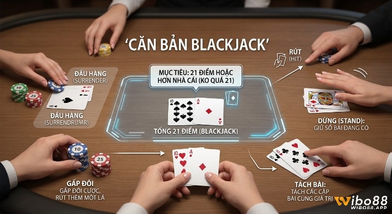 Hướng dẫn Căn bản Blackjack, gồm mục tiêu 21 điểm và rút, dừng, gấp đôi, tách bài, đầu hàng