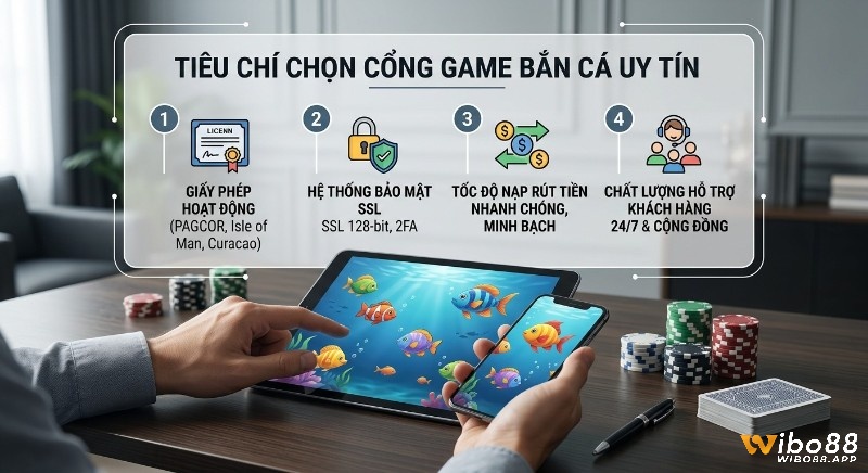 Checklist 4 tiêu chí cốt lõi chọn chơi game bắn cá ở đâu uy tín: giấy phép, bảo mật SSL, nạp rút nhanh, hỗ trợ 24/7