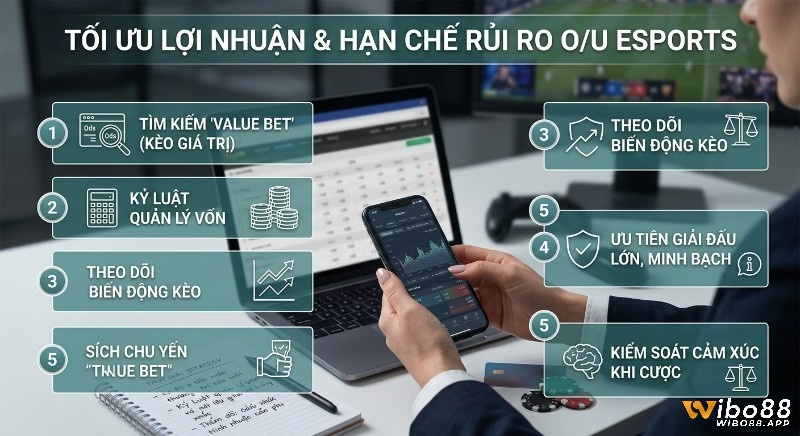Checklist 5 chiến lược để tối ưu lợi nhuận và hạn chế rủi ro khi cược eSports kèo Over/Under, tập trung vào value bet và kiểm soát cảm xúc