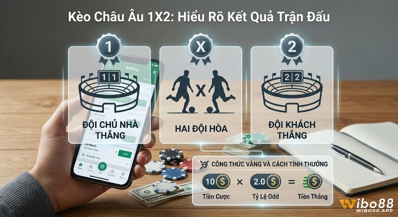 Giải thích cược kèo Châu Âu 1X2 với các lựa chọn đội chủ nhà thắng (1), hòa (X), đội khách thắng (2) và công thức tính thưởng đơn giản