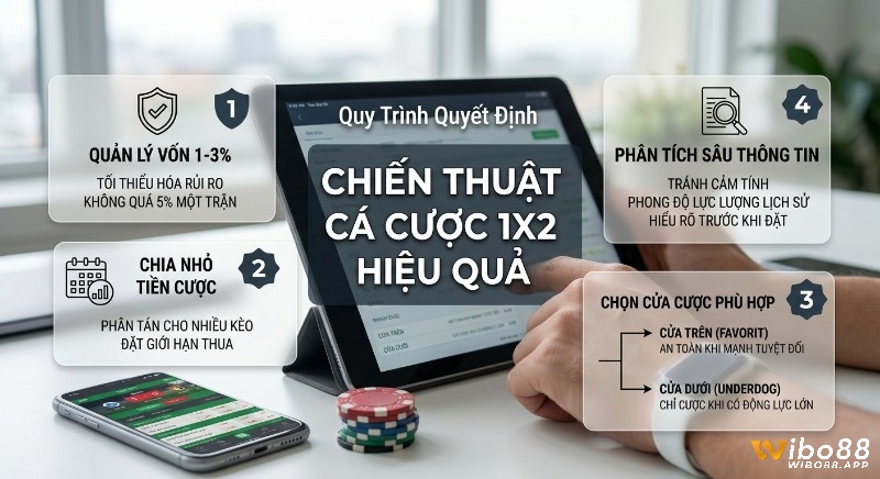 Chiến lược cá cược kèo Châu Âu 1X2 hiệu quả theo 4 bước, tập trung quản lý vốn 1-3%, phân tích thông tin để ra quyết định an toàn