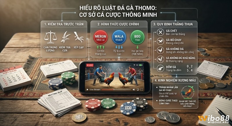 Tổng hợp luật đá gà thomo là gì, toàn diện: quy trình kiểm tra, các hình thức cược Meron/Wala/BDD, quy định thắng thua và kinh nghiệm xương máu