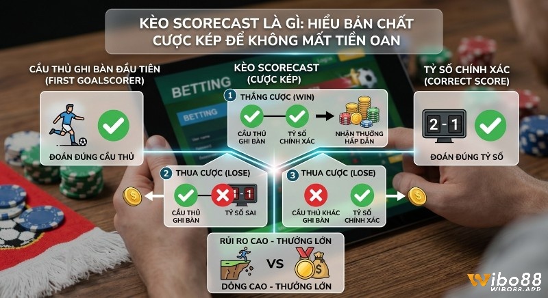 Cơ chế kèo scorecast là gì: Thắng khi đúng cầu thủ và tỷ số; thua nếu sai một vế, tránh mất tiền oan.