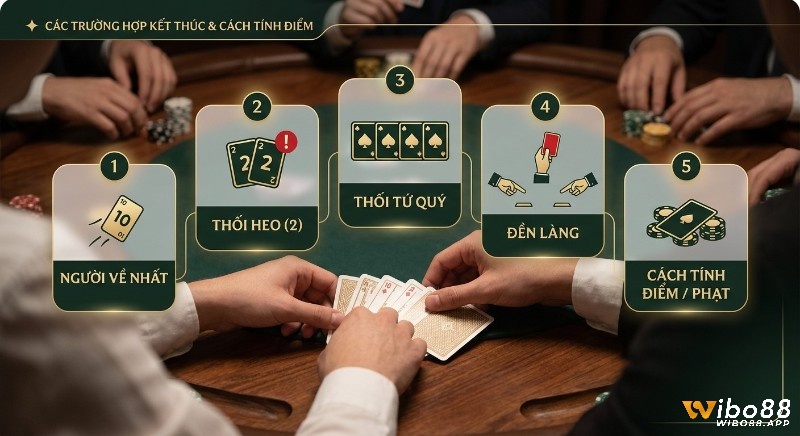 Hướng dẫn các trường hợp kết thúc ván Sâm Lốc và luật chơi sâm lốc cơ bản tính điểm chi tiết, bao gồm người về nhất, thối heo, thối tứ quý, đền làng, và cách phạt