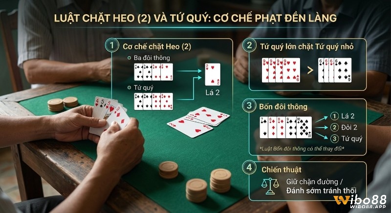 Tổng quan luật chặt Heo (2) và Tứ quý trong Sâm Lốc, minh họa các cơ chế chặt bài, phạt đền làng và chiến lược giữ/đánh lá 2, tứ quý hiệu quả