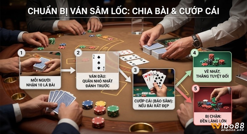 Trình tự chuẩn cho một ván Sâm Lốc: từ khâu chia 10 lá, giành quyền cái cho đến báo Sâm, thắng trắng hoặc chịu phạt đền làng