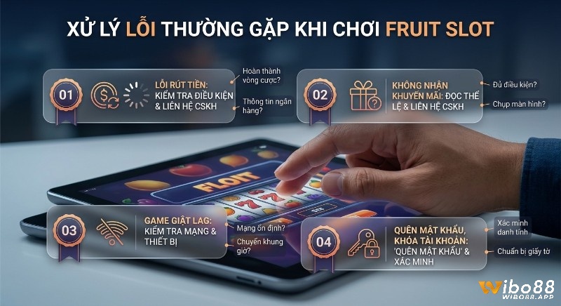 Checklist 4 bước xử lý lỗi thường gặp khi chơi nổ hũ fruit slot, từ rút tiền, khuyến mãi đến lag game và tài khoản khóa
