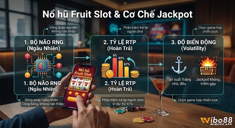 Cấu trúc 3 thành phần của Nổ hũ Fruit Slot & Jackpot: RNG, RTP (92-97%) và độ biến động