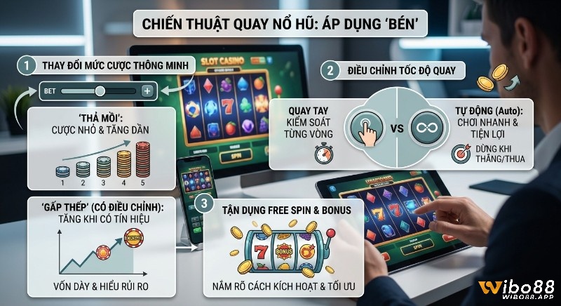 Hướng dẫn 3 chiến thuật quay nổ hũ kinh nghiệm quay hiệu quả: thay đổi mức cược, kiểm soát tốc độ và tận dụng free spin, bonus