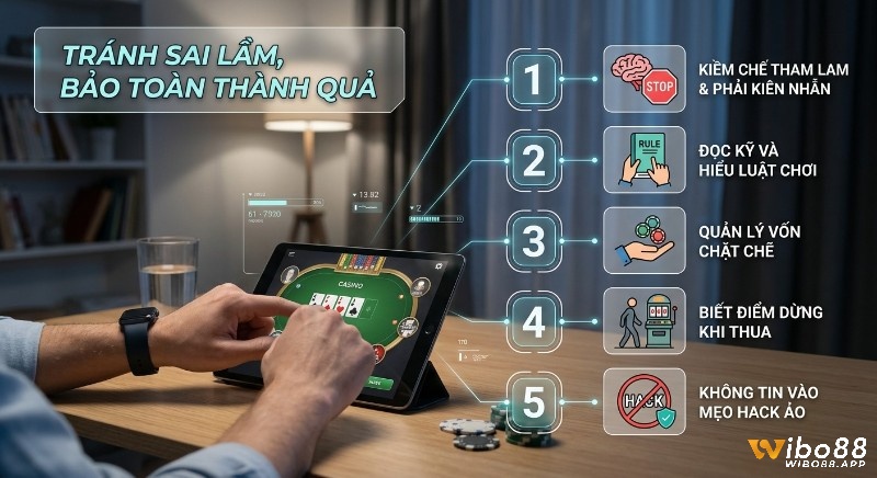 Checklist 5 nguyên tắc vàng tránh sai lầm, bảo toàn thành quả khi chơi game online, nhấn mạnh kiểm soát tham lam và biết điểm dừng