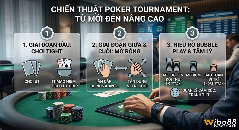 Chiến lược Poker Tournament là gì 3 giai đoạn từ mới đến nâng cao: chơi tight, mở rộng, bubble và quản lý tâm lý.