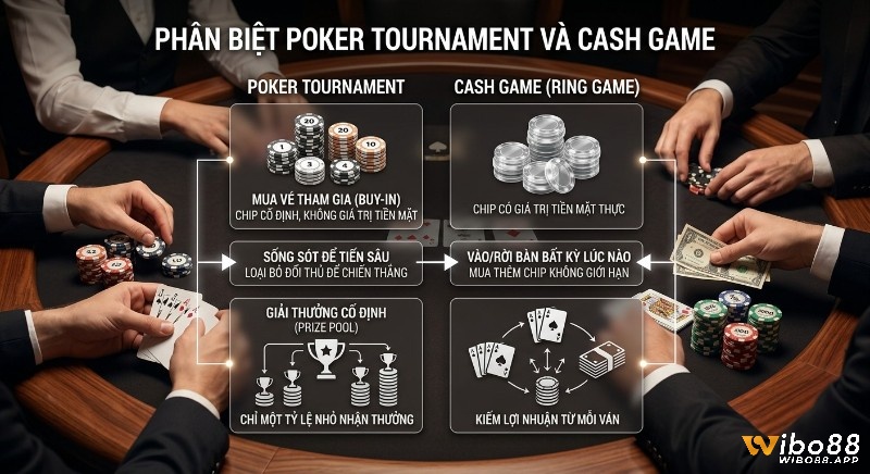 Bảng so sánh chi tiết Poker Tournament là gì và Cash Game, nêu rõ cách thức buy-in, giá trị chip và mục tiêu thắng của từng loại