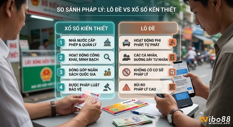 Bảng so sánh về sự khác nhau giữa lô đề và xổ số trong bản chất pháp lý của xổ số kiến thiết và lô đề, làm rõ sự khác biệt giữa hoạt động hợp pháp và phi pháp