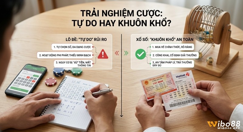 Bảng so sánh trải nghiệm cược lô đề "tự do" rủi ro và xổ số "khuôn khổ" an toàn qua tính minh bạch, pháp lý