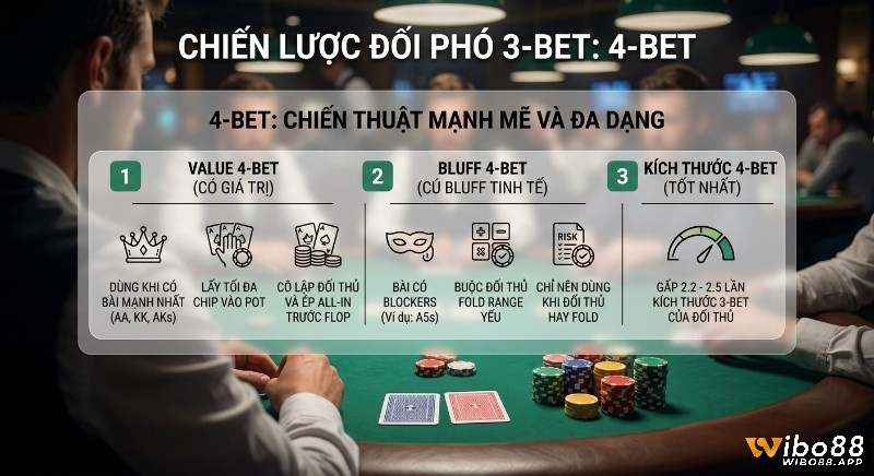 Tổng quan 3 chiến lược 4-bet hiệu quả để đối phó 3-bet: Value 4-bet với bài mạnh, Bluff 4-bet tinh tế và kích thước 4-bet tối ưu 2.2-2.5 lần