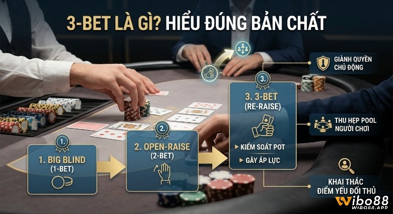 Quy trình Three bet là gì, giải thích từ 1-bet, 2-bet đến 3-bet, giúp người chơi kiểm soát pot và giành chủ động