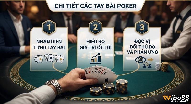 Quy trình 3 bước chi tiết, thứ tự các tay bài poker.: nhận diện, hiểu rõ giá trị cốt lõi và đọc vị đối thủ, đưa ra phản ứng