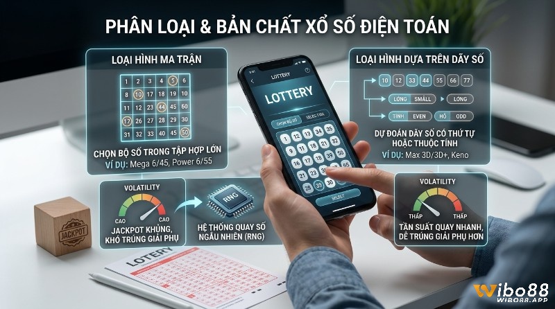 Phân loại xổ số điện toán: ma trận (Mega 6/45, Power 6/55) và dãy số (Max 3D/3D+, Keno), cùng volatility, RNG trên ứng dụng trong cách chơi xổ số điện toán
