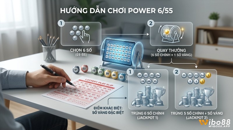 Power 6/55: chọn 6 số từ 01-55, quay thưởng 6 số chính và 1 số vàng. Trúng Jackpot 1 (6 chính) và Jackpot 2 (5 chính + vàng)