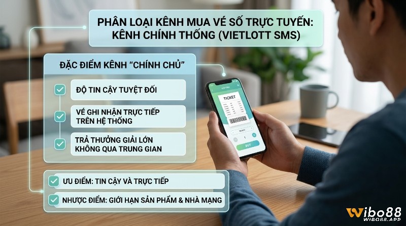 Kênh chính thống Vietlott SMS trên điện thoại: ưu điểm tin cậy, trực tiếp; nhược điểm giới hạn sản phẩm, nhà mạng