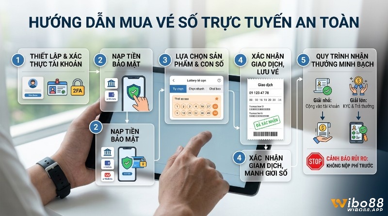 Hướng dẫn mua vé số trực tuyến an toàn 5 bước: thiết lập tài khoản, nạp tiền, chọn số, xác nhận giao dịch, nhận thưởng, cảnh báo rủi ro