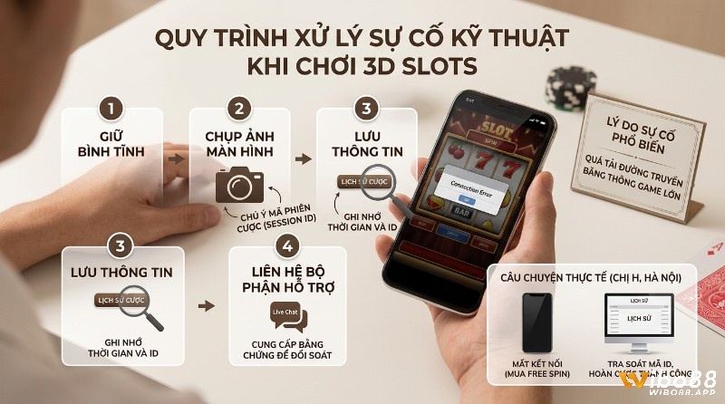Quy trình xử lý sự cố kỹ thuật casino 3D slots: giữ bình tĩnh, chụp màn hình lỗi kết nối, lưu mã phiên cược, liên hệ hỗ trợ qua Live Chat để đối soát