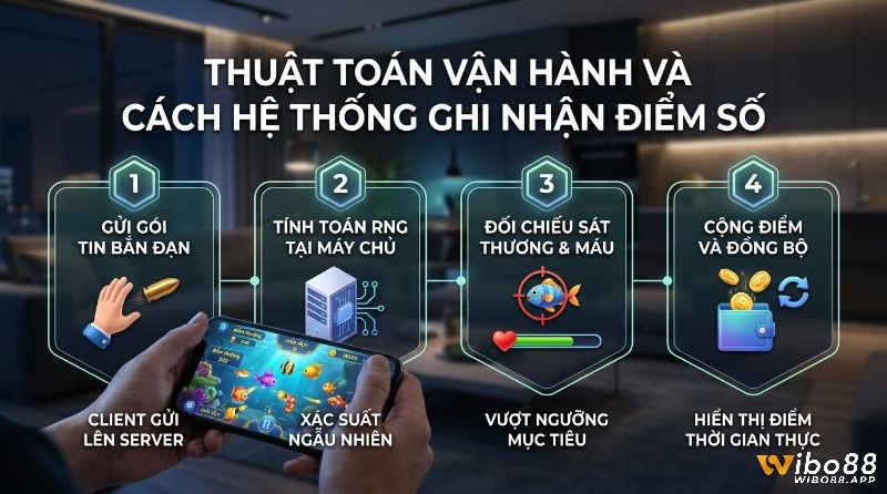 Thuật toán ghi nhận điểm số game bắn cá của&nbsp;cơ chế tính điểm bắn cá&nbsp;gồm 4 bước: client gửi đạn, server tính RNG, đối chiếu sát thương/máu, cộng điểm và đồng bộ vào ví