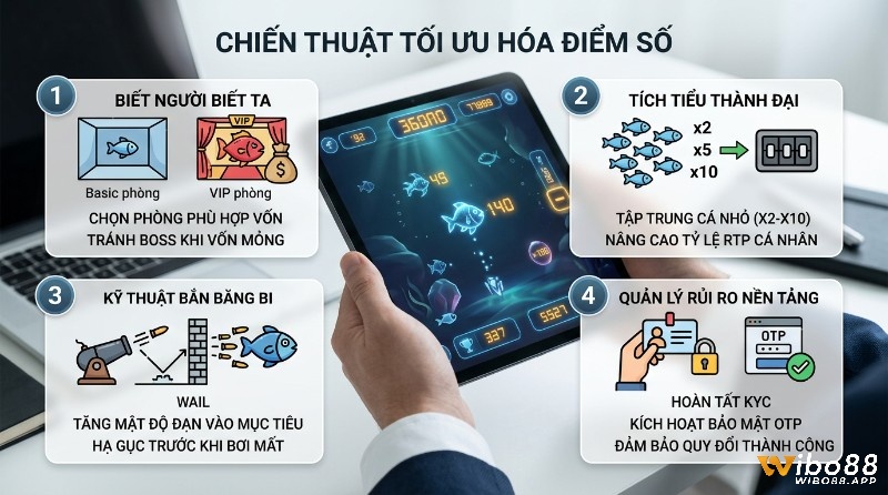 Chiến thuật tối ưu hóa điểm số game bắn cá: quản lý vốn, chọn phòng phù hợp, tích tiểu thành đại cá nhỏ x2-x10, bắn băng bi, hoàn tất KYC, kích hoạt OTP