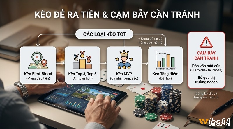 Các loại kèo&nbsp;cược PUBG là gì, đẻ ra tiền: First Blood, Top 3/5, MVP, Tổng điểm, cạm bẫy cần tránh,: dồn vốn một cửa, bỏ qua thị trường ngách. Người chơi trên tablet với chip poker.