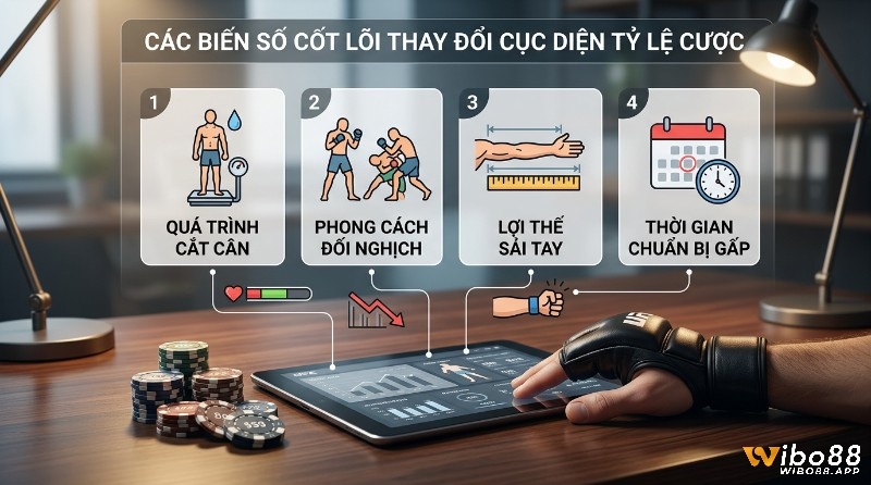 Phân tích các biến số cốt lõi thay đổi tỷ lệ cược kèo UFC là gì: cắt cân, phong cách đối nghịch, sải tay, chuẩn bị gấp. Tay đeo găng MMA xem dữ liệu