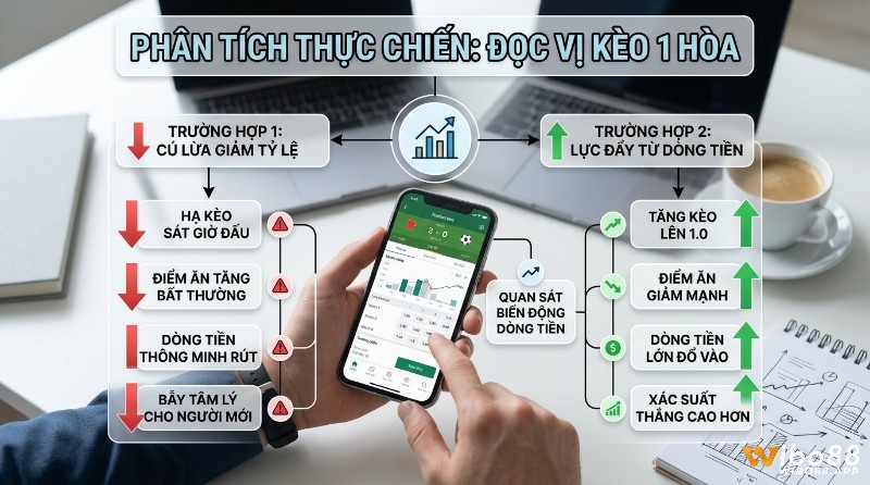Phân tích thực chiến đọc vị&nbsp;kèo chấp 1 trái là gì hòa: cú lừa giảm tỷ lệ (kèo hạ, điểm ăn tăng) và lực đẩy dòng tiền (kèo tăng, điểm ăn giảm) qua ứng dụng