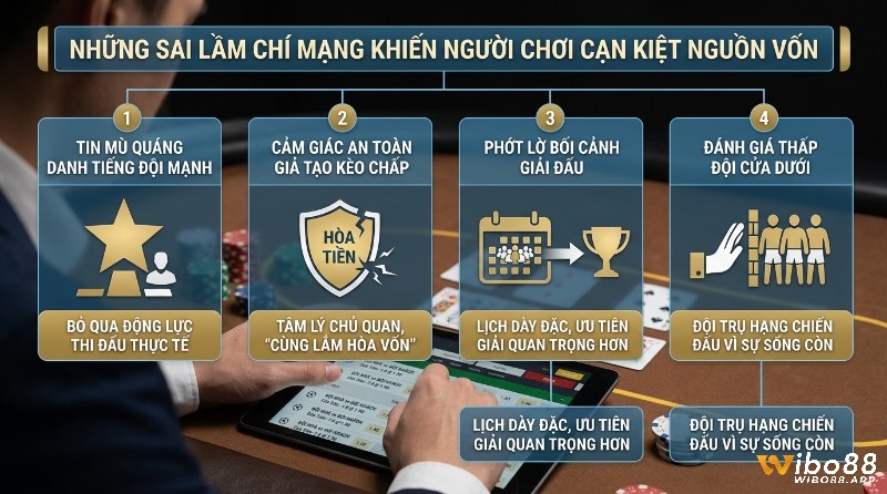 Những sai lầm chí mạng khiến người chơi cạn kiệt vốn: tin mù quáng đội mạnh, an toàn giả tạo kèo chấp, phớt lờ bối cảnh giải đấu, đánh giá thấp đội cửa dưới, hiển thị trên tablet