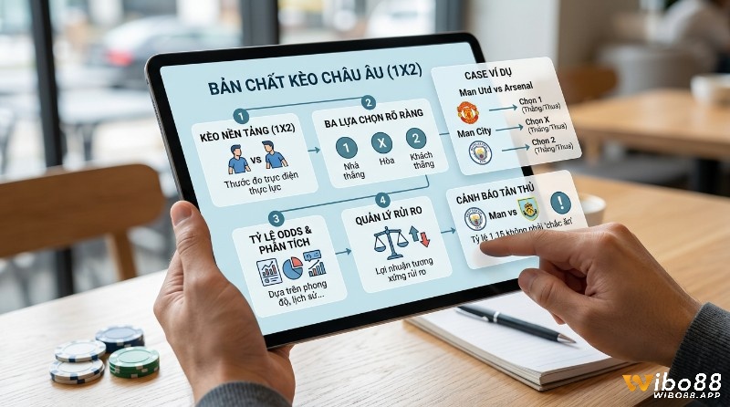 Phân tích kèo châu Âu (1X2) gồm 3 lựa chọn thắng-hòa-thua, tỷ lệ Odds, quản lý rủi ro, ví dụ Man Utd vs Arsenal, cảnh báo Man City 1.15