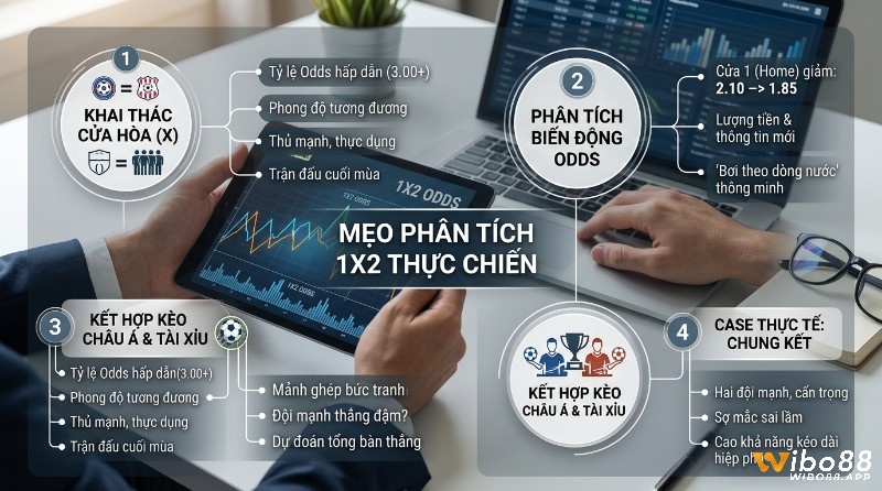 Mẹo phân tích kèo 1X2 thực chiến: khai thác cửa hòa (X) Odds 3.00+, phân tích biến động kèo 1 giảm 2.10 xuống 1.85, kết hợp kèo châu Á/Tài Xỉu trong kèo châu Âu là gì